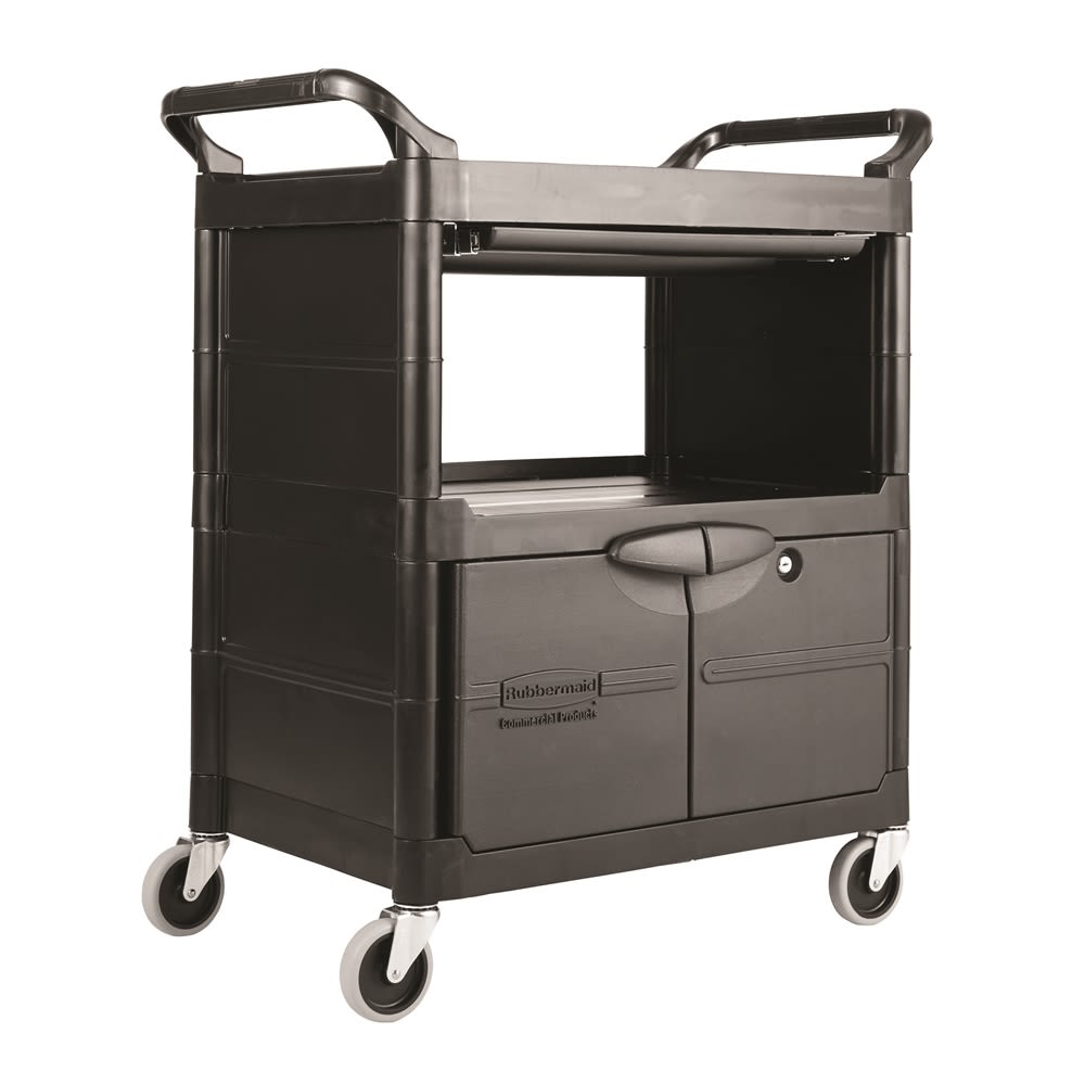 Rubbermaid Service Utility Cart with Lockable Doors and Sliding Drawer, Black